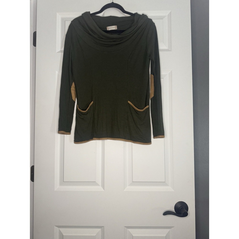 Altar'd State Long Sleeve Ribbed Cowl Neck Top Green Brown Faux Suede Small